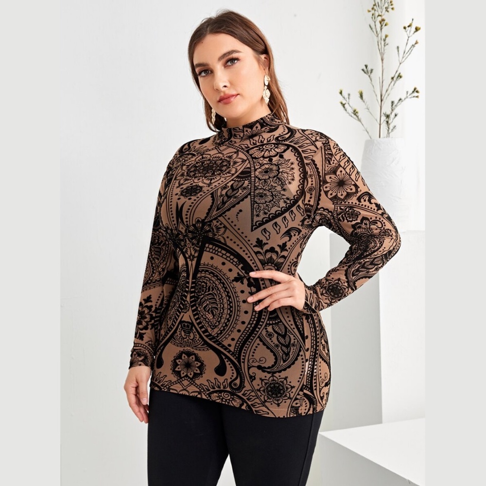 Plus Size Paisley Print Mesh Top
